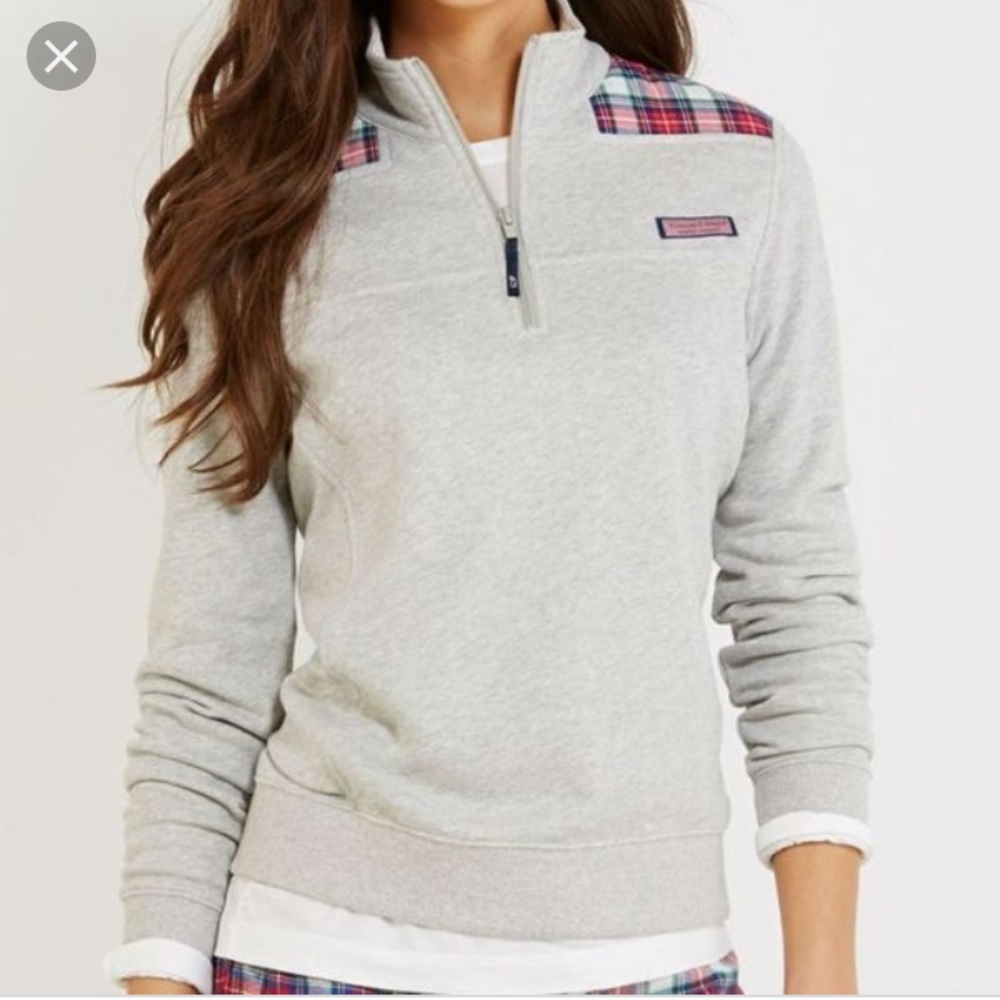 Vineyard Vines Gray 1/4 ZIP with plaid detail